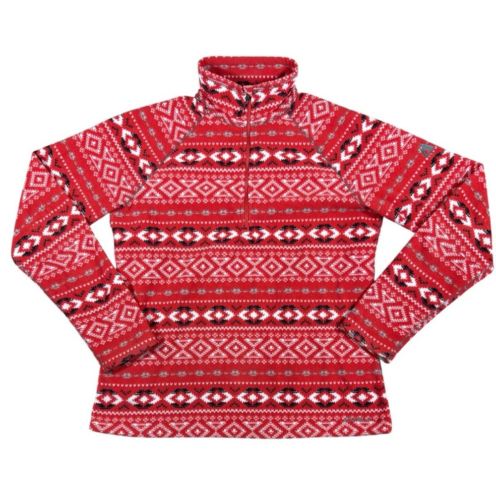 Eddie Bauer First Ascent Womens Fleece Pullover 1/4 Zip Red/White Geometric Sz L